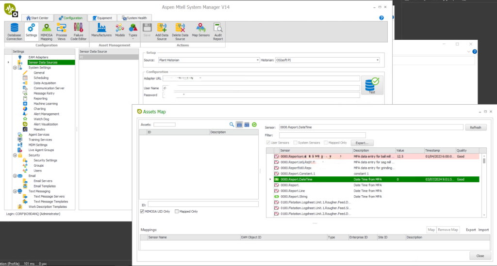 Image of Mtell System Manager – configuration screen for connecting PI historian data to the predictive maintenance system